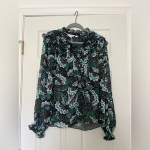 Boden Butterfly Print Blouse - Green and Black